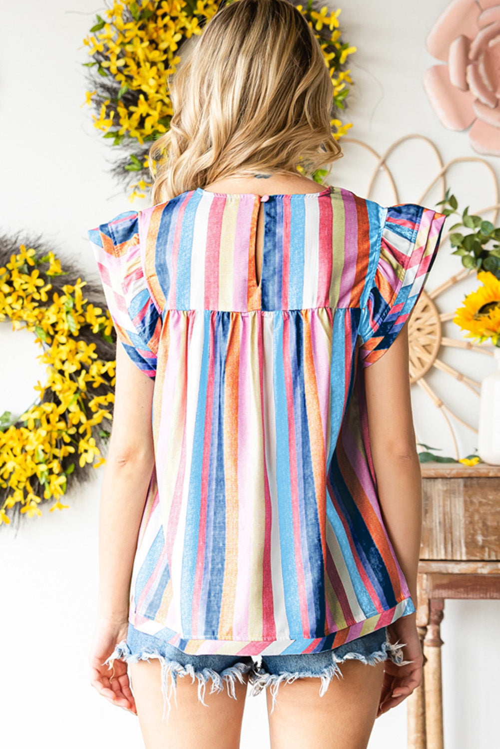 Multicolored Stripe Flutter Sleeve Blouse – Trendsi | ClozArt