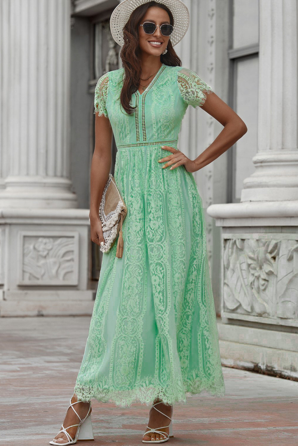 Scalloped Trim Lace Plunge Dress – Trendsi | ClozArt