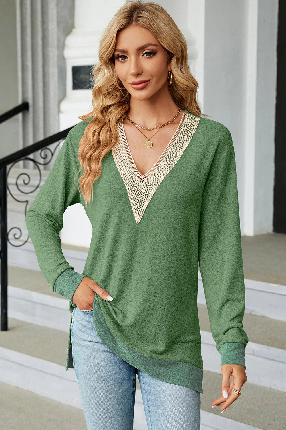 Slit V-Neck Long Sleeve T-Shirt – Trendsi | ClozArt
