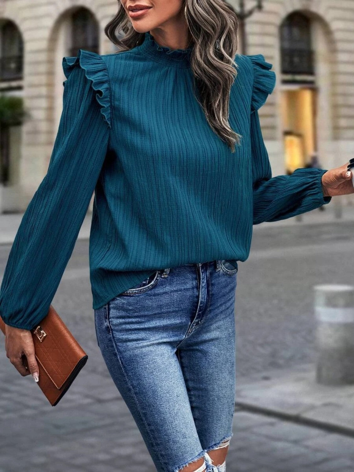 Mock Neck Ruffle Shoulder Blouse – Trendsi | ClozArt
