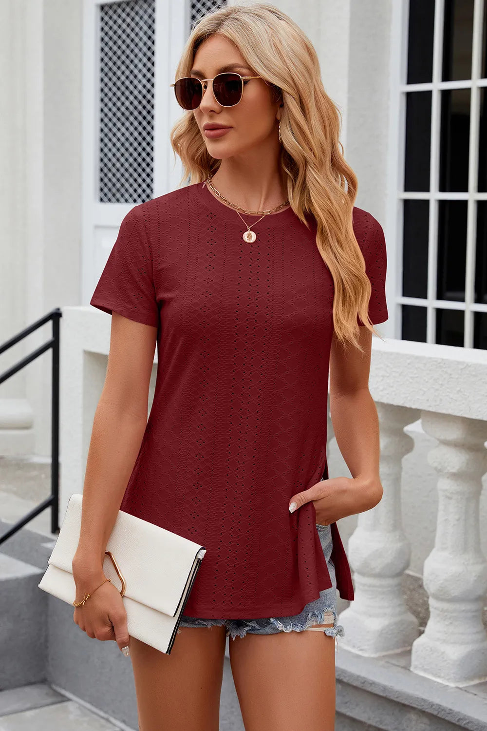 Eyelet Slit Round Neck Short Sleeve T-Shirt – Trendsi | ClozArt