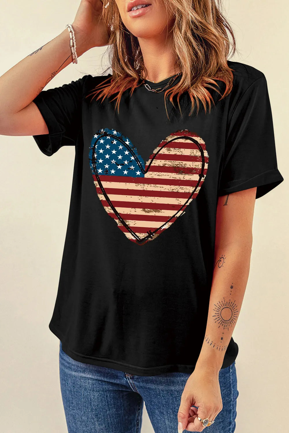 Stars and Stripes Heart Round Neck Short Sleeve T-Shirt – Trendsi | ClozArt