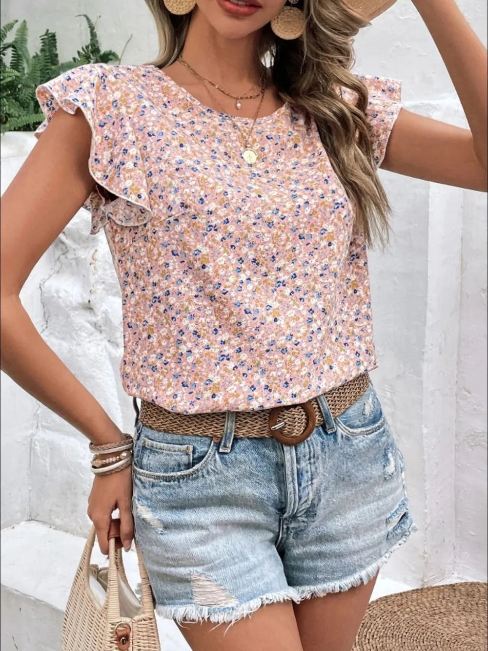 Ditsy Floral Round Neck Cap Sleeve Top – Trendsi | ClozArt