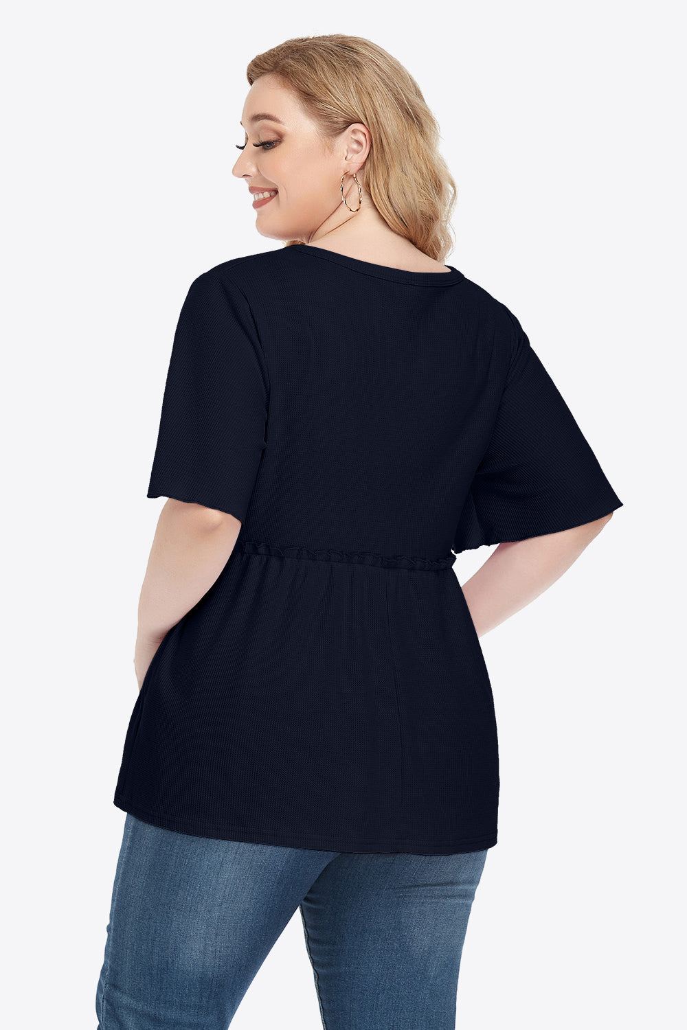 Plus Size Buttoned V-Neck Frill Trim Babydoll Blouse – Trendsi | ClozArt