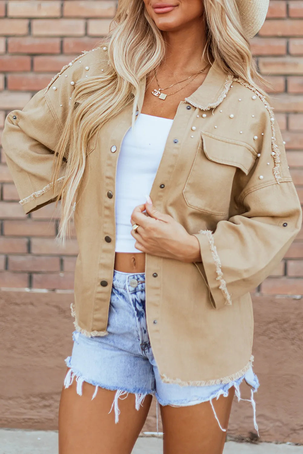 Raw Hem Pearl Trim Dropped Shoulder Denim Jacket – Trendsi | ClozArt