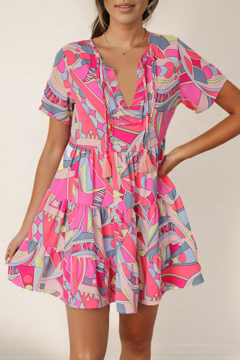 Multicolored Tie Neck Short Sleeve Tiered Dress – Trendsi | ClozArt