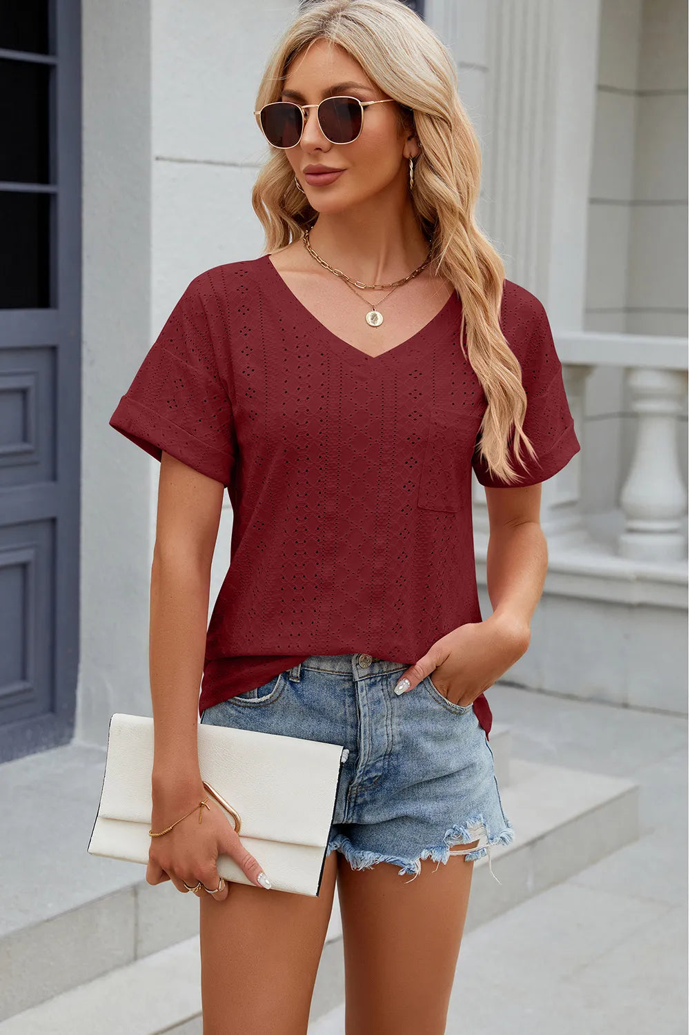 Eyelet V-Neck Short Sleeve T-Shirt – Trendsi | ClozArt