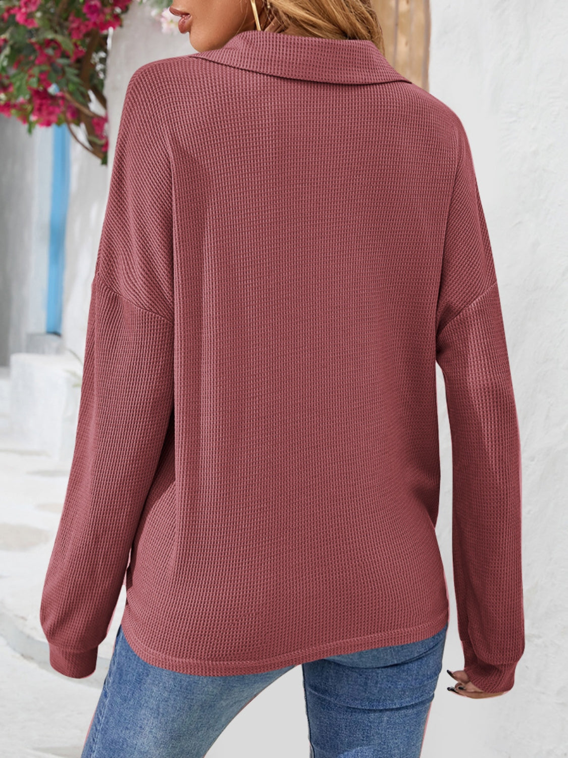 Half Button Collared Neck Long Sleeve Top – Trendsi | ClozArt