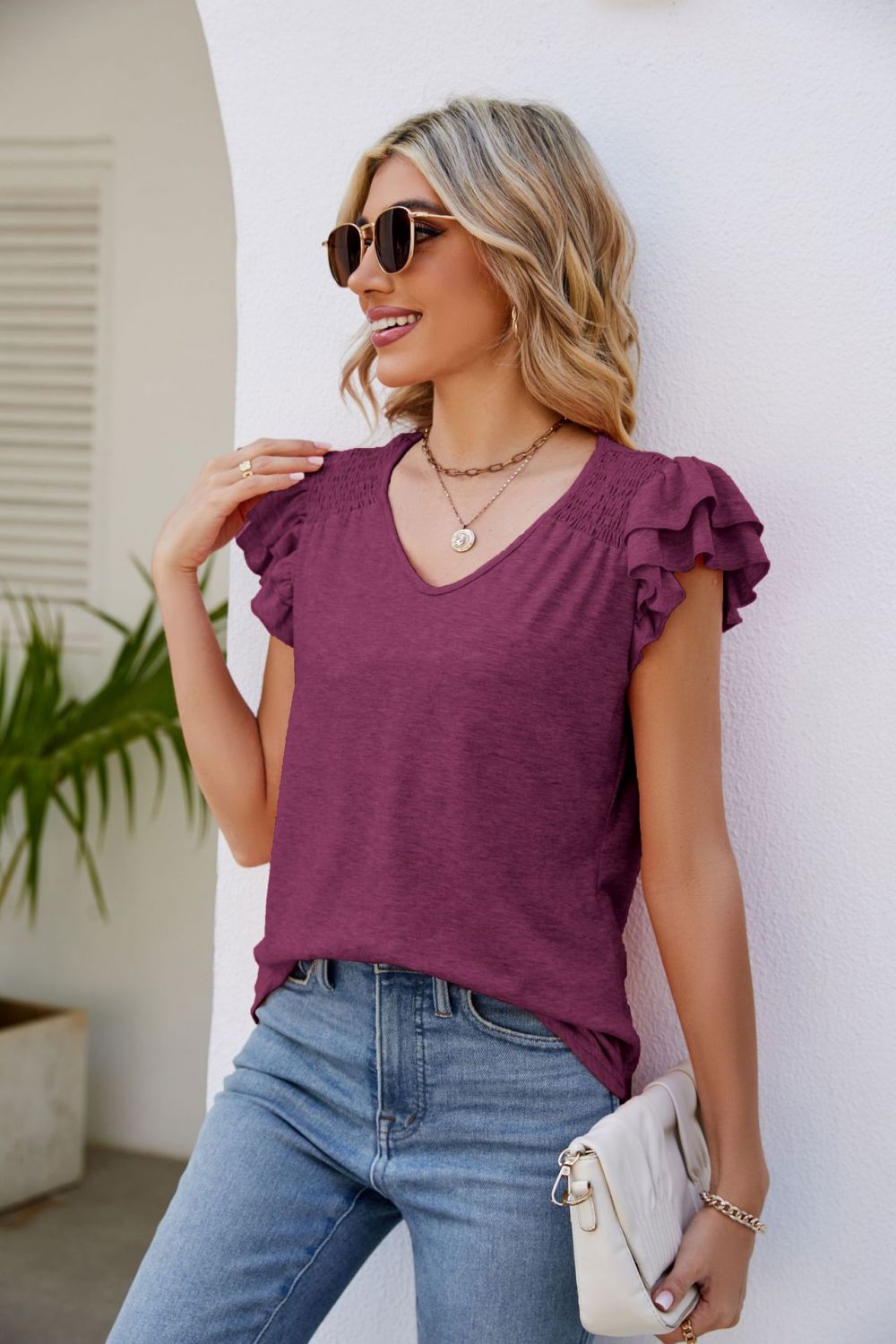 Smocked Flutter Sleeve V-Neck Top – Trendsi | ClozArt