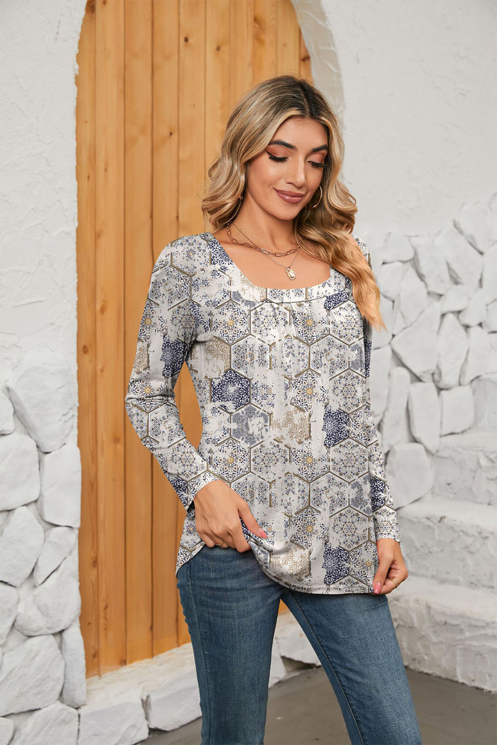 Printed Square Neck Long Sleeve Blouse – Trendsi | ClozArt