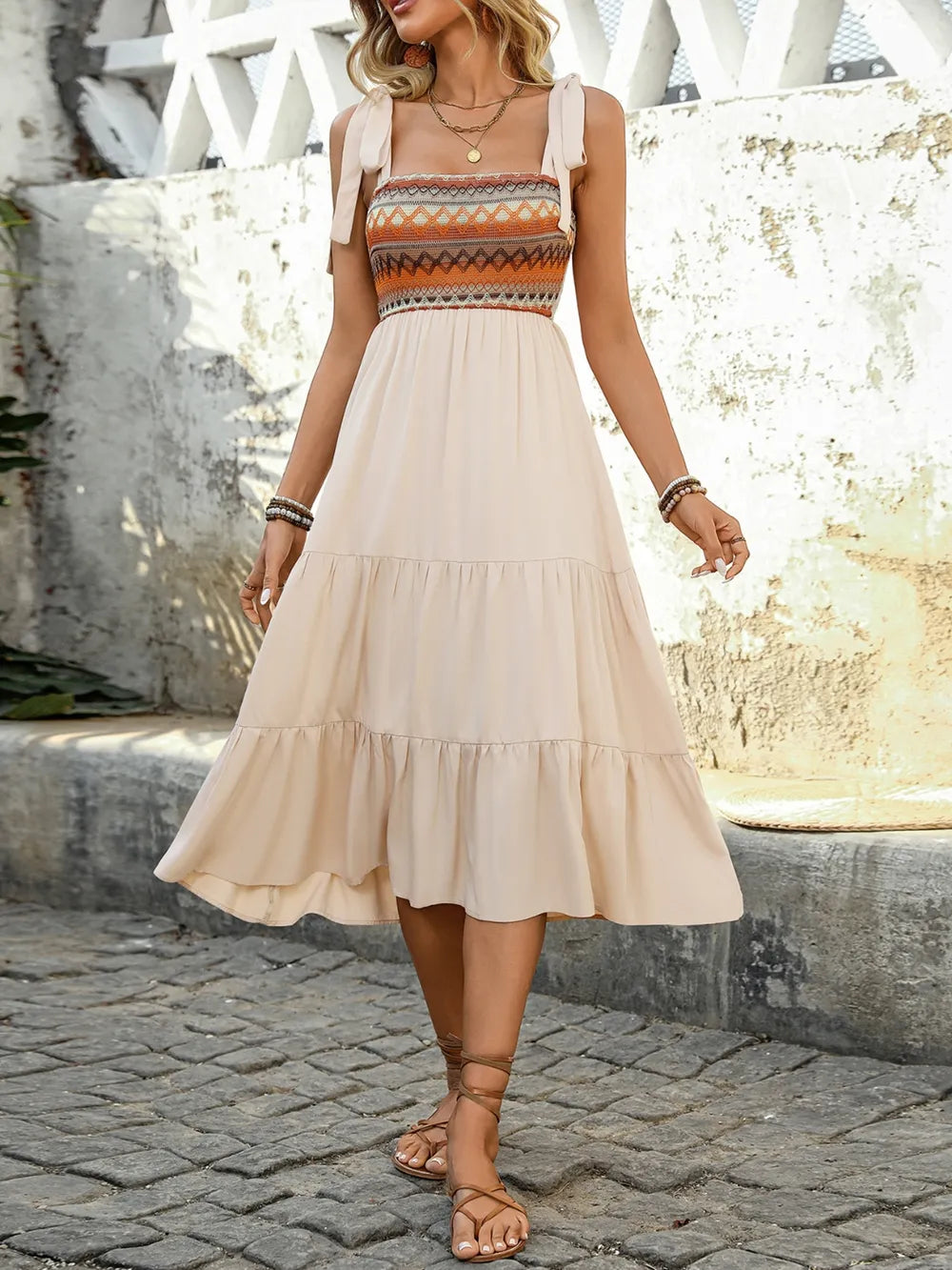 Tie Shoulder Square Neck Tiered Midi Dress – Trendsi | ClozArt