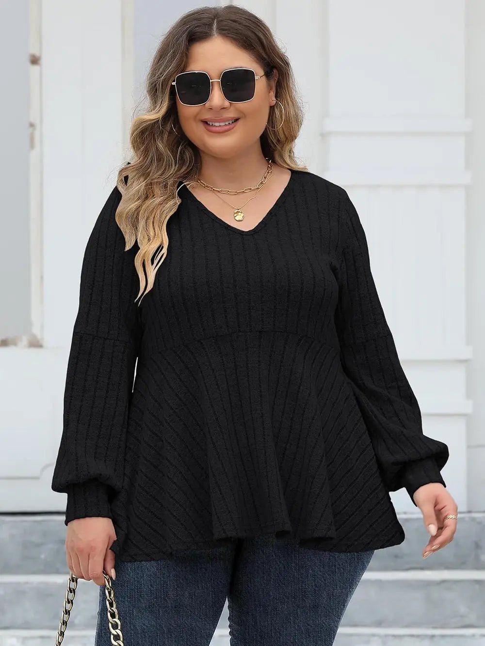 Plus Size Ribbed V-Neck Long Sleeve Blouse – Trendsi | ClozArt