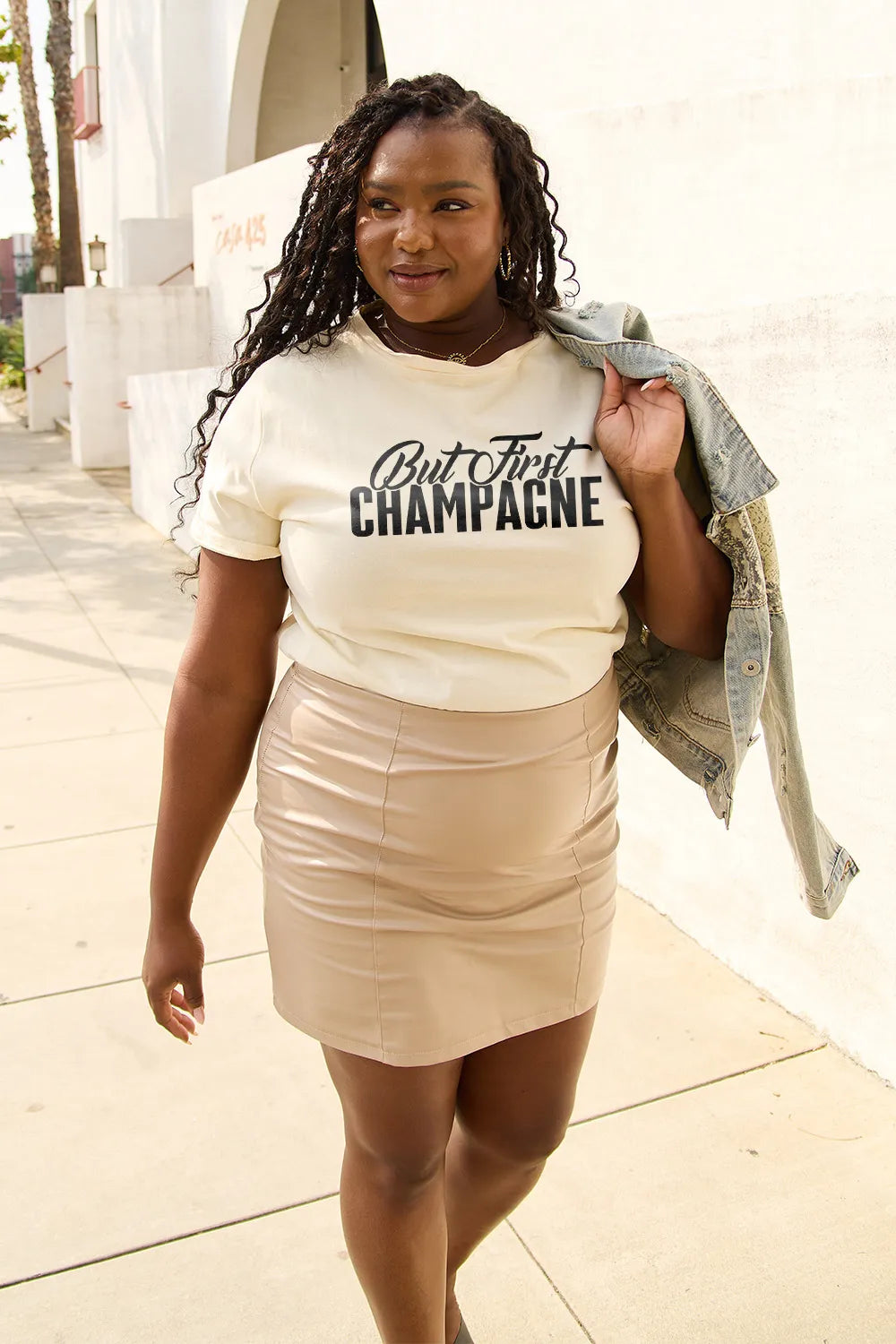 Simply Love Full Size BUT FIRST CHAMPAGNE Round Neck T-Shirt – Trendsi | ClozArt