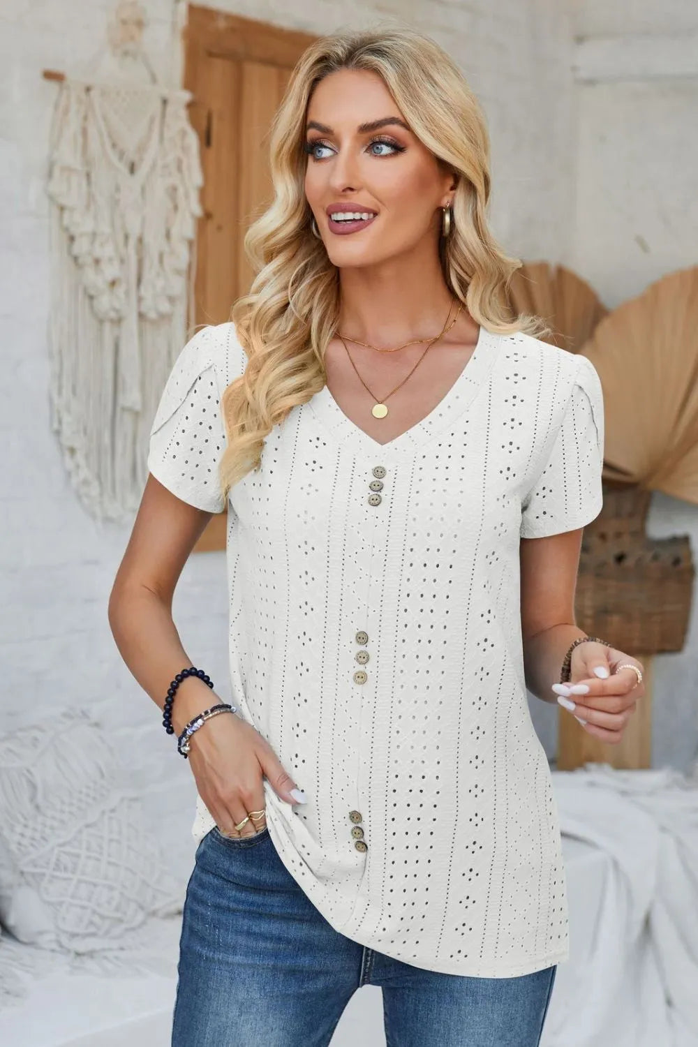 Decorative Button Eyelet V-Neck Short Sleeve T-Shirt – Trendsi | ClozArt
