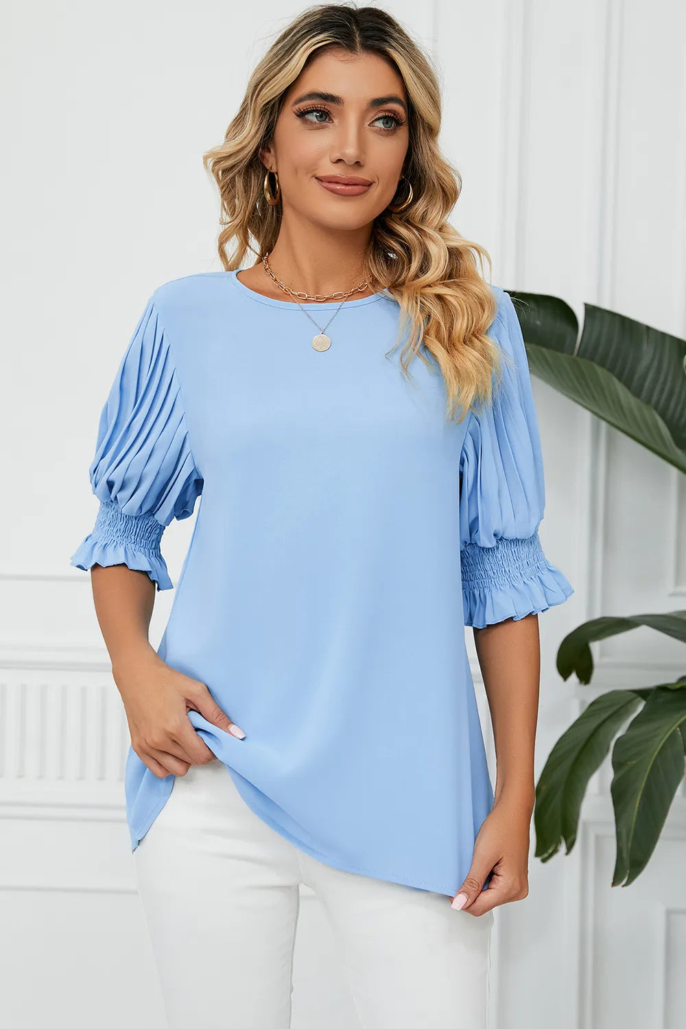 Frill Round Neck Lantern Sleeve T-Shirt – Trendsi | ClozArt