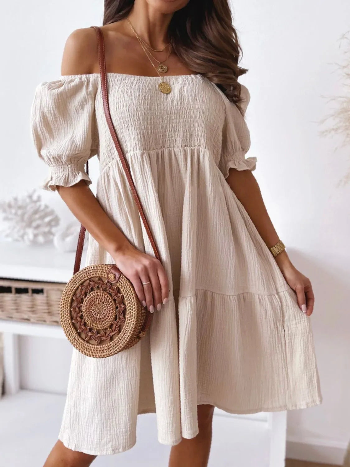 Smocked Off-Shoulder Mini Dress – Trendsi | ClozArt