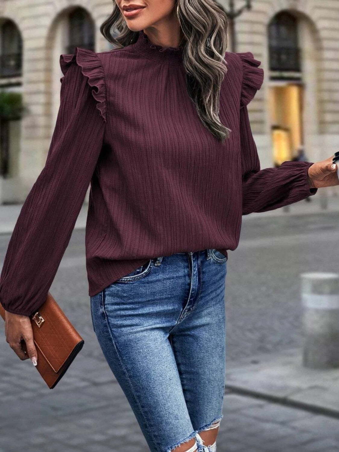 Mock Neck Ruffle Shoulder Blouse – Trendsi | ClozArt