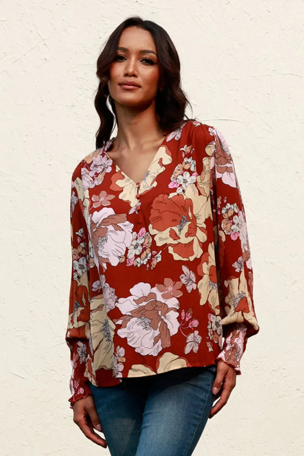 Floral V-Neck Smocked Lantern Sleeve Blouse – Trendsi | ClozArt