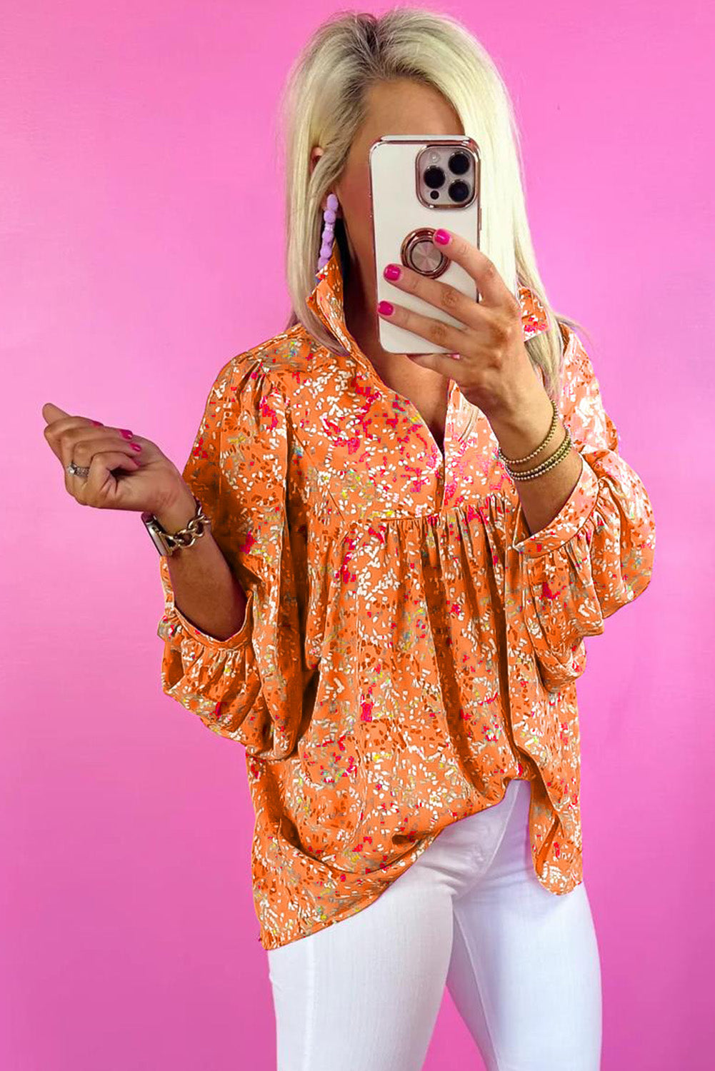 Orange Abstract Print Loose Fit Collared V Neck Babydoll Blouse – Shewin | ClozArt