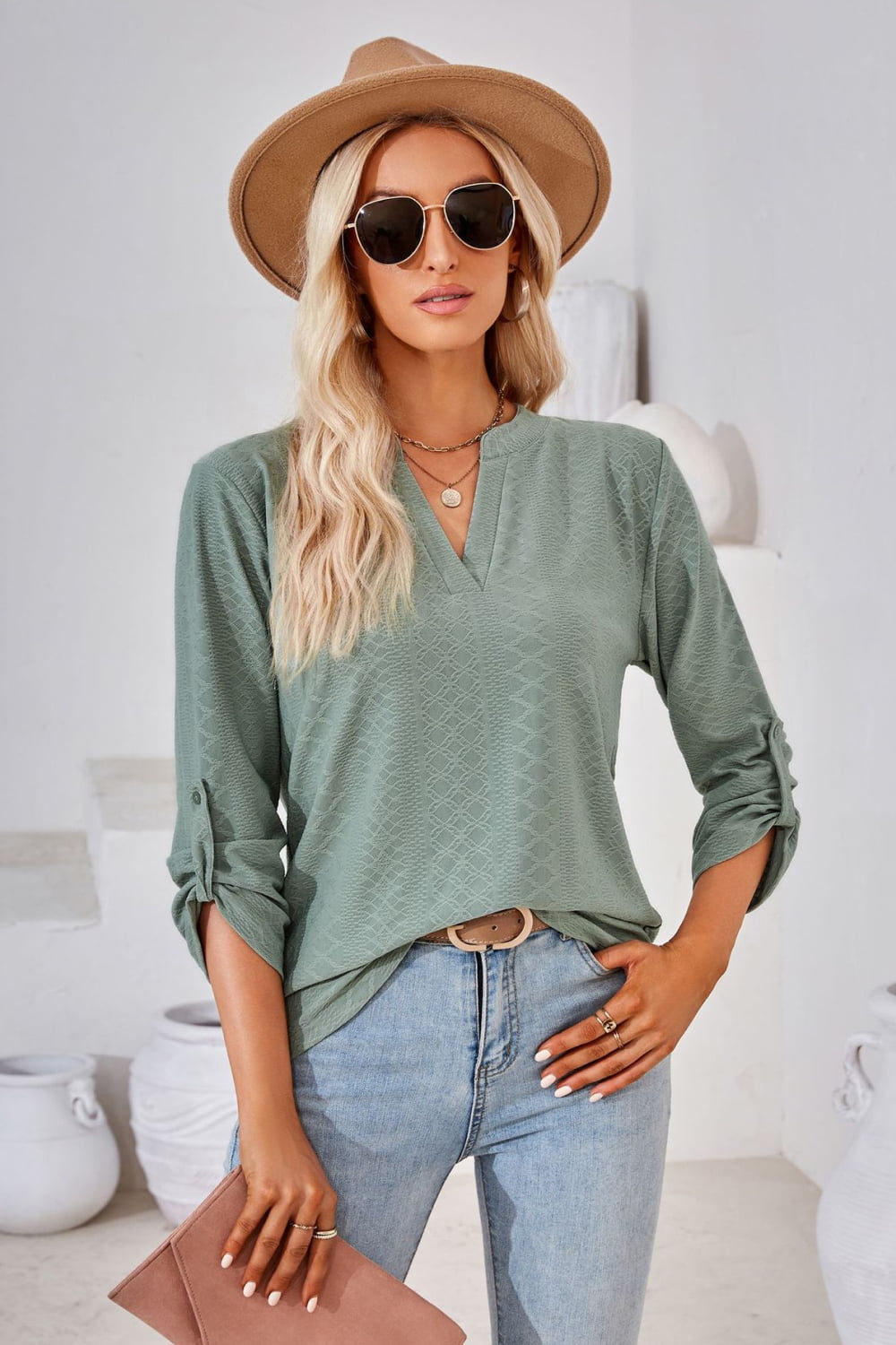 V-Neck Roll-Tap Sleeve Blouse – Trendsi | ClozArt