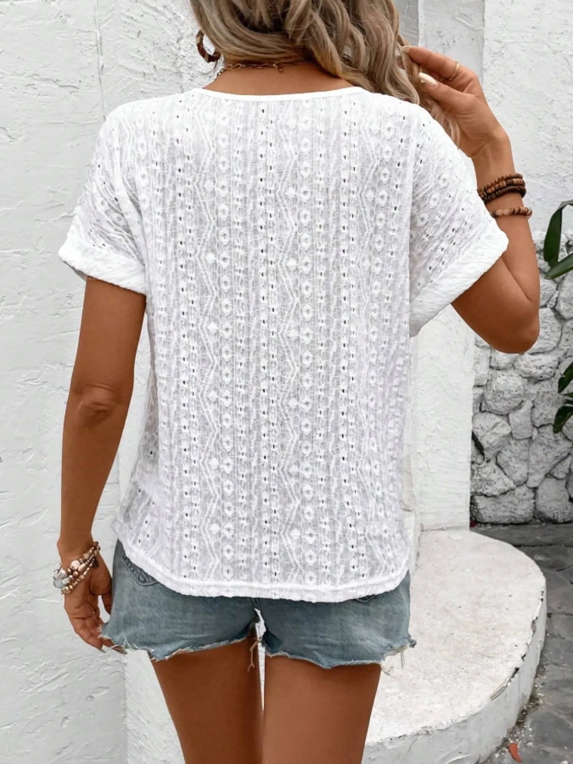 Eyelet Round Neck Short Sleeve Top – Trendsi | ClozArt
