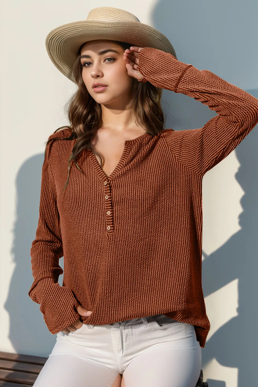 Double Take Full Size Notched Thumbhole Long Sleeve T-Shirt – Trendsi | ClozArt