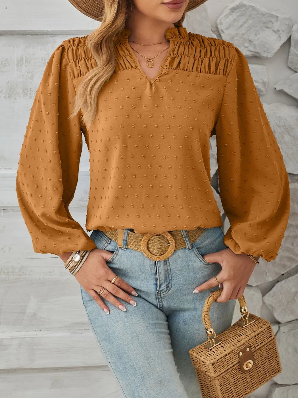 Ruched Swiss Dot Notched Balloon Sleeve T-Shirt – Trendsi | ClozArt