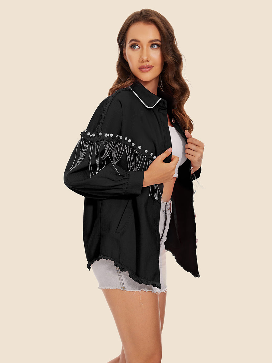 Raw Hem Fringe Detail Denim Jacket – Trendsi | ClozArt