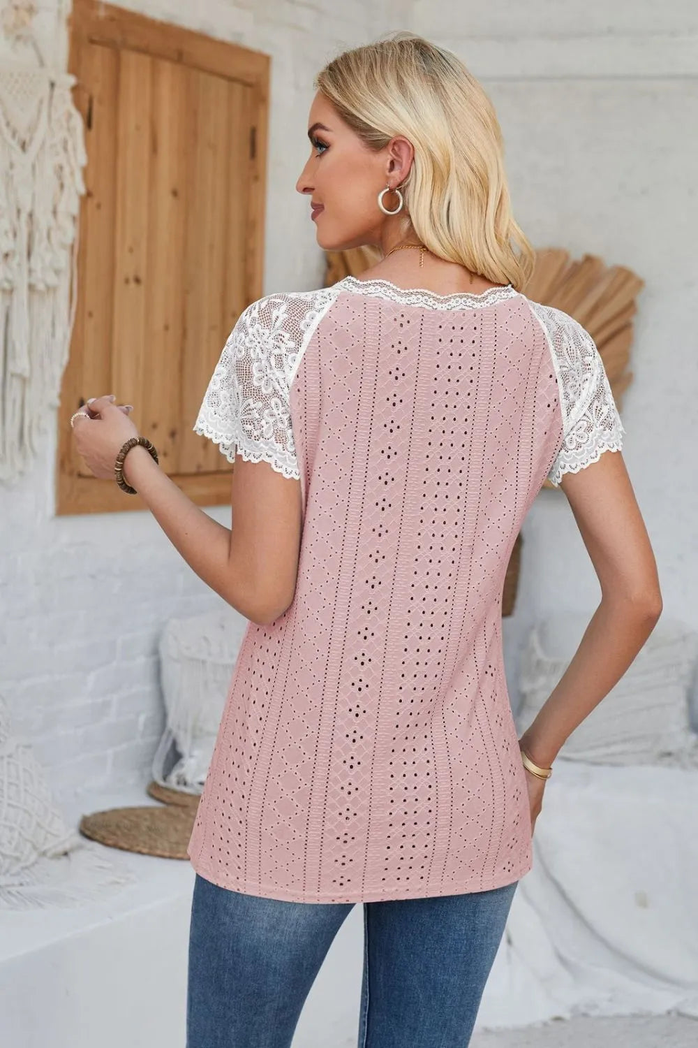 Eyelet V-Neck Lace Short Sleeve T-Shirt – Trendsi | ClozArt
