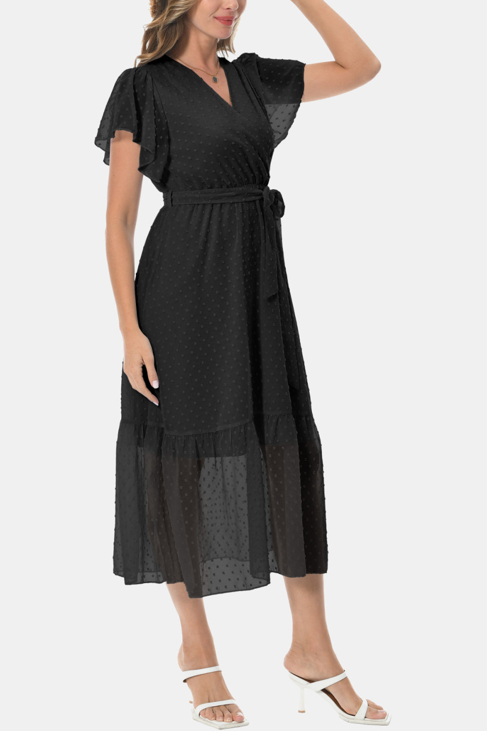 Surplice Neck Flutter Sleeve Tied Dress – Trendsi | ClozArt