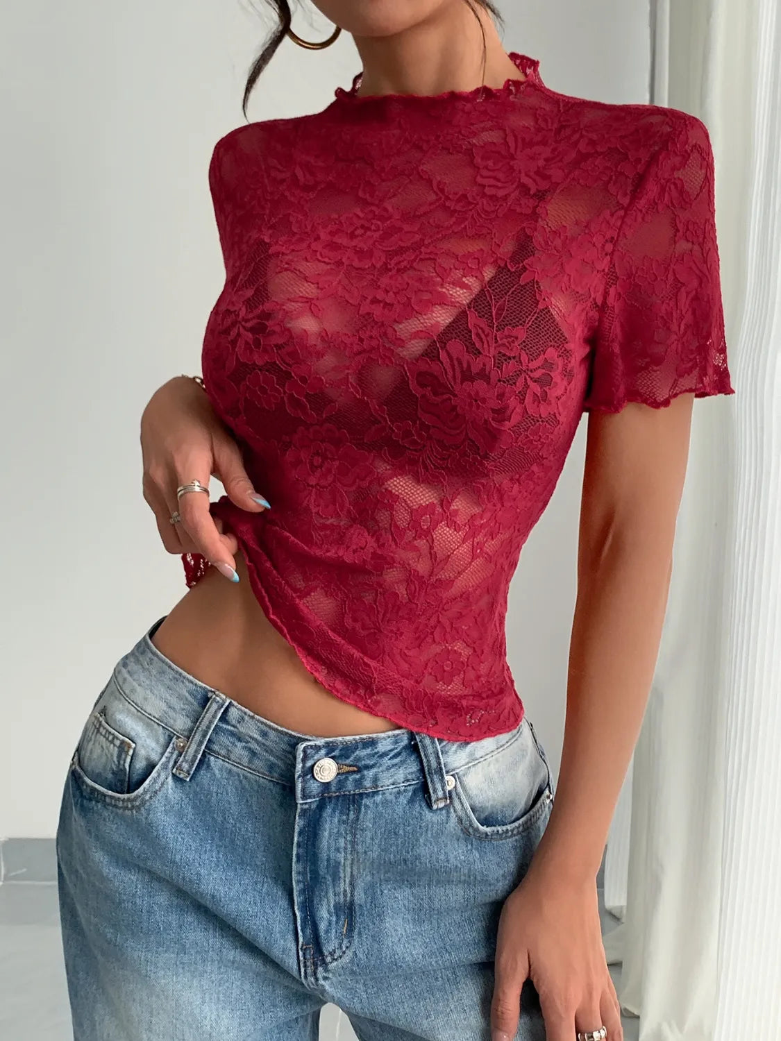 Lace Mock Neck Short Sleeve Top – Trendsi | ClozArt