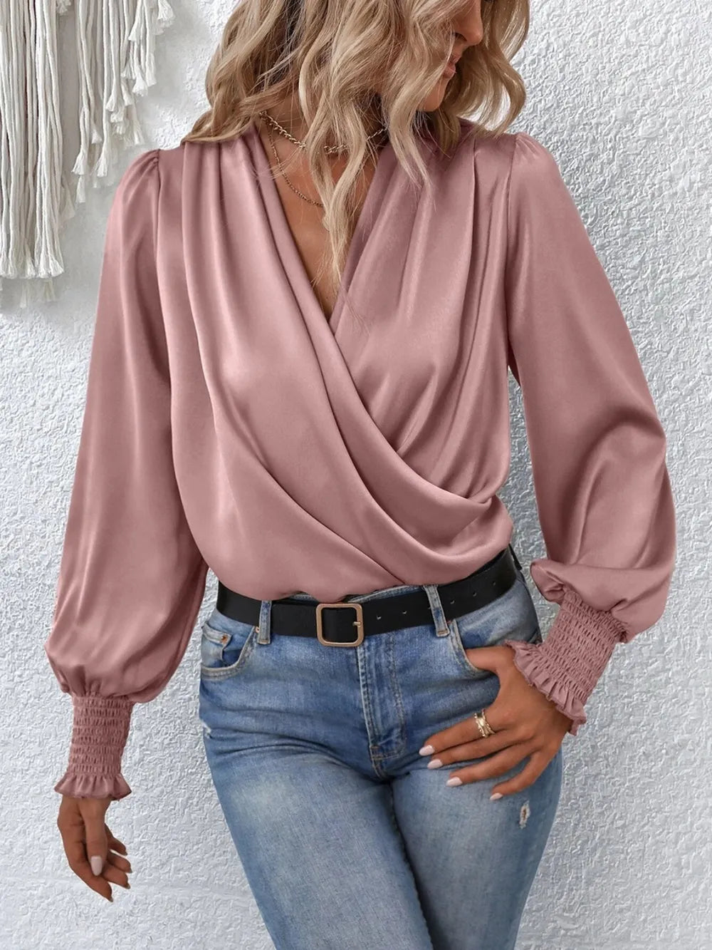 Surplice Smocked Lantern Sleeve Blouse – Trendsi | ClozArt