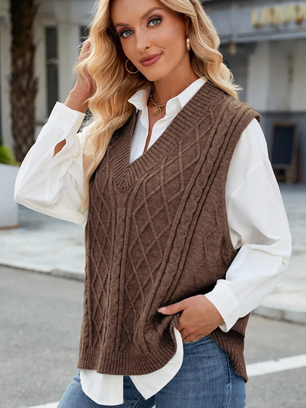 Cable Knit V-Neck Sweater Vest – Trendsi | ClozArt