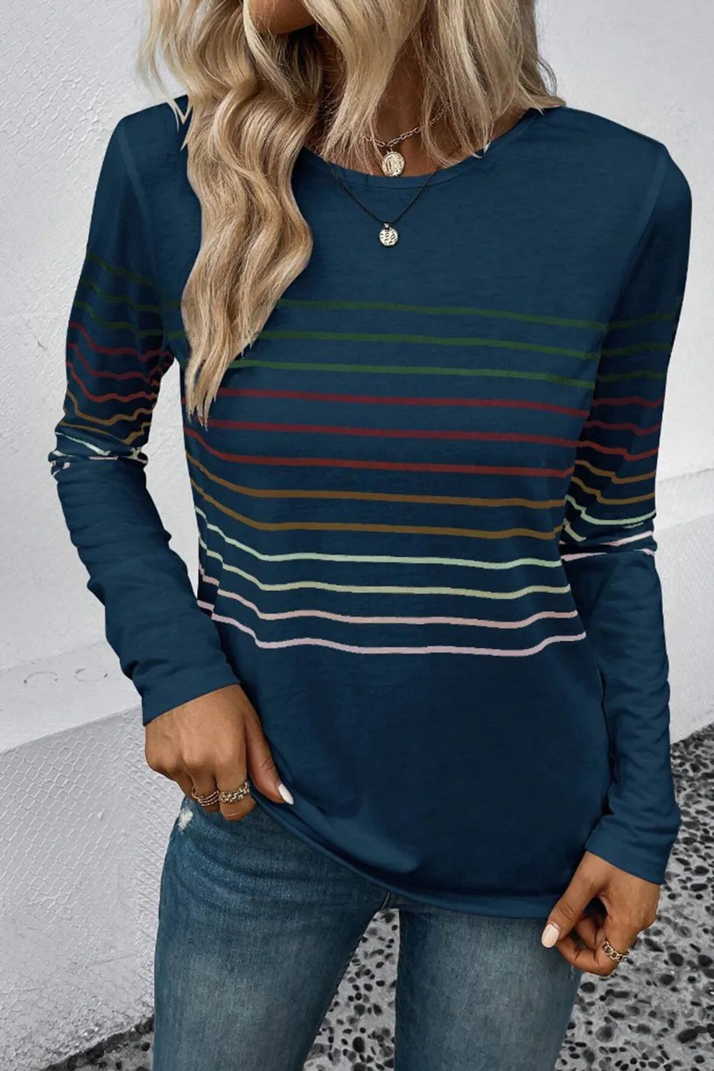 Striped Round Neck Long Sleeve T-Shirt – Trendsi | ClozArt