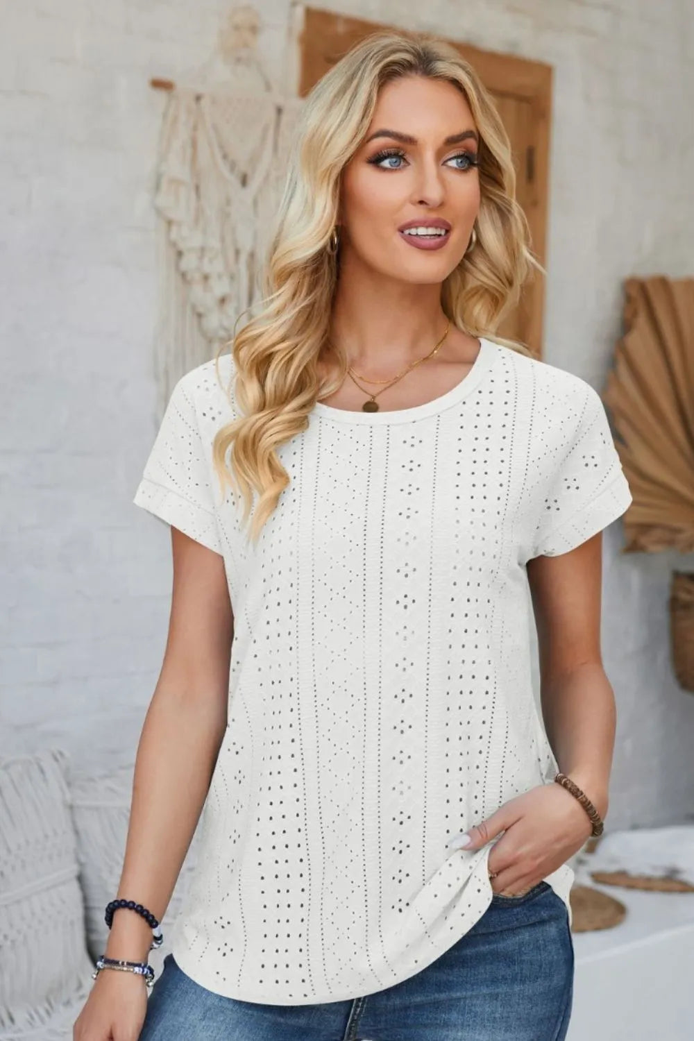Eyelet Round Neck Rolled Short Sleeve T-Shirt – Trendsi | ClozArt