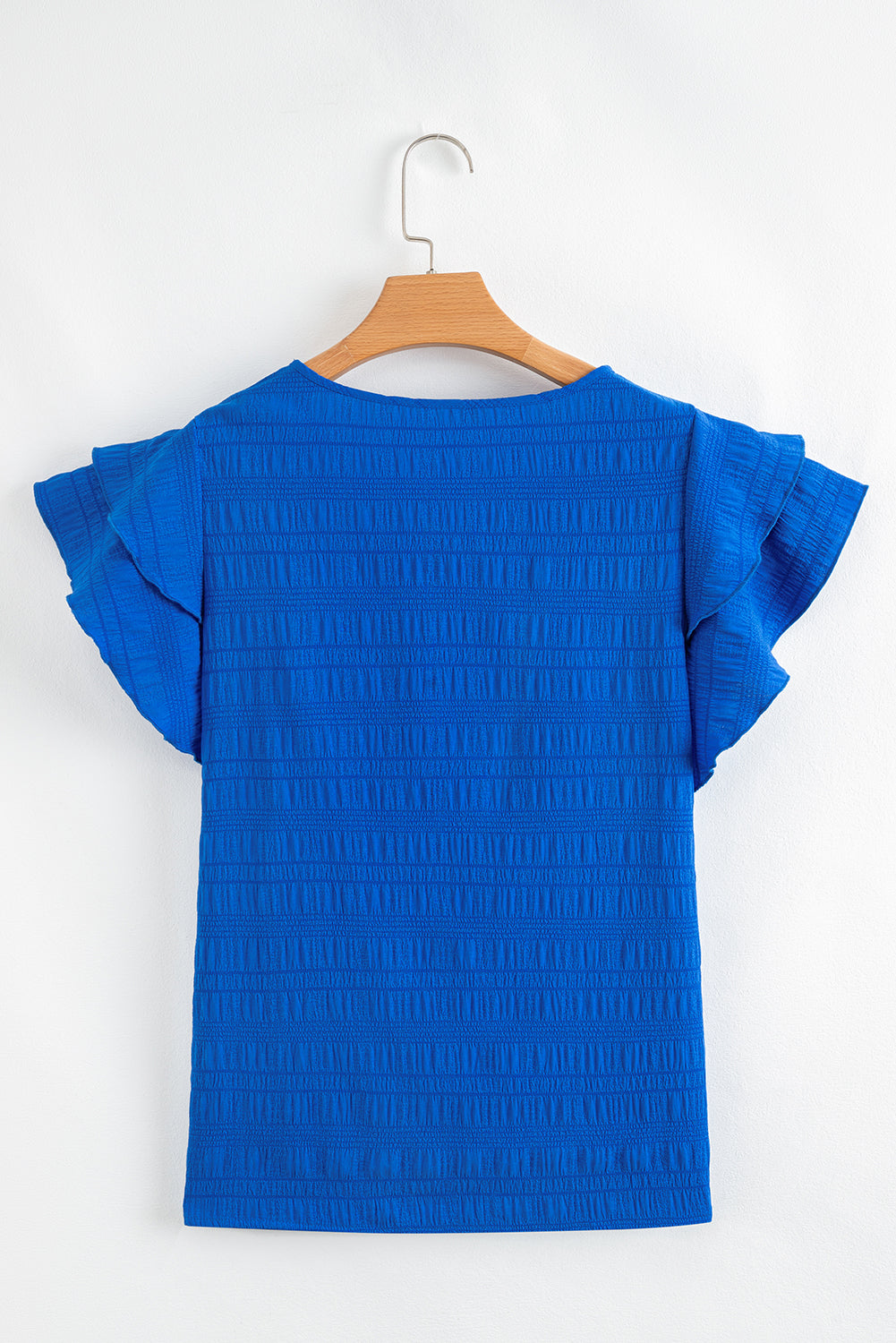 Dark Blue Ruffle Sleeve Textured Smocked Blouse – Shewin | ClozArt