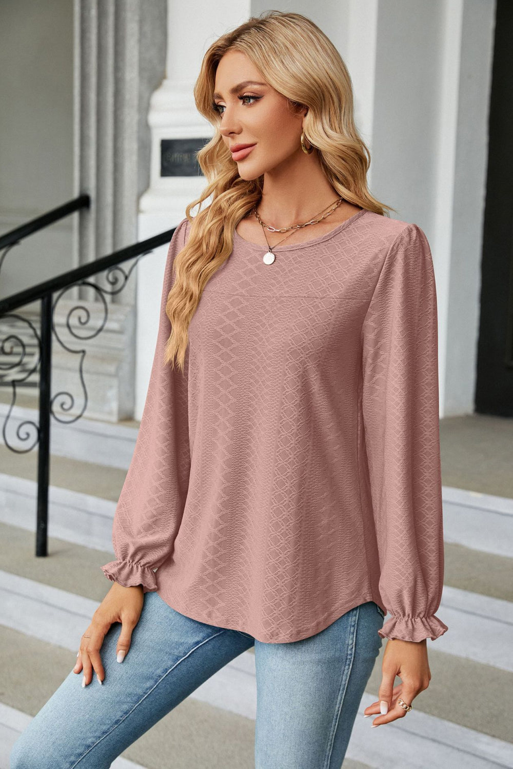 Round Neck Flounce Sleeve Blouse – Trendsi | ClozArt