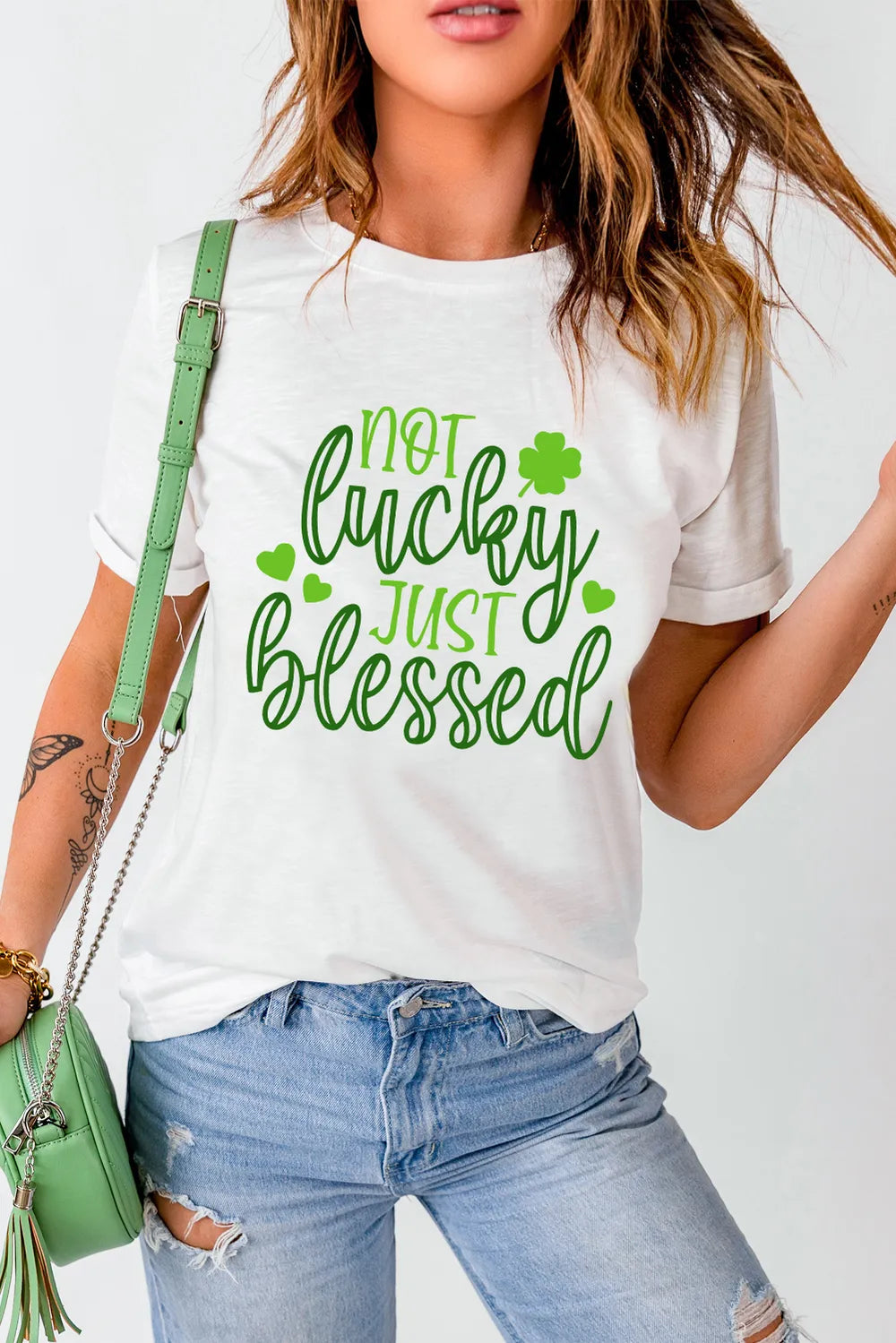 NOT LUCKY JUST BLESSED Round Neck T-Shirt – Trendsi | ClozArt