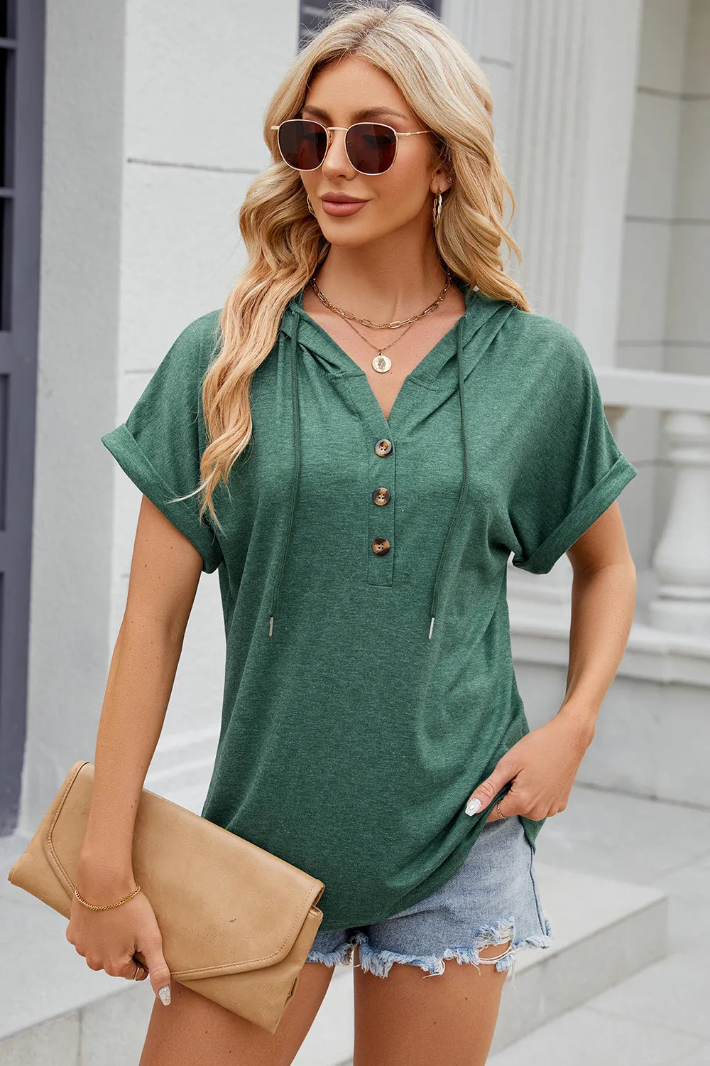 Half Button Drawstring Short Sleeve Hooded T-Shirt – Trendsi | ClozArt