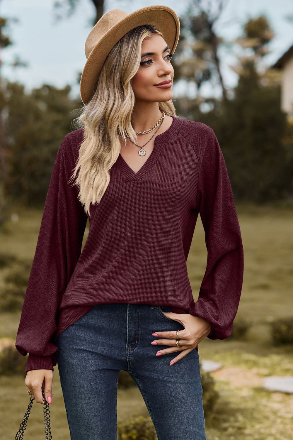 Notched Neck Raglan Sleeve Blouse – Trendsi | ClozArt