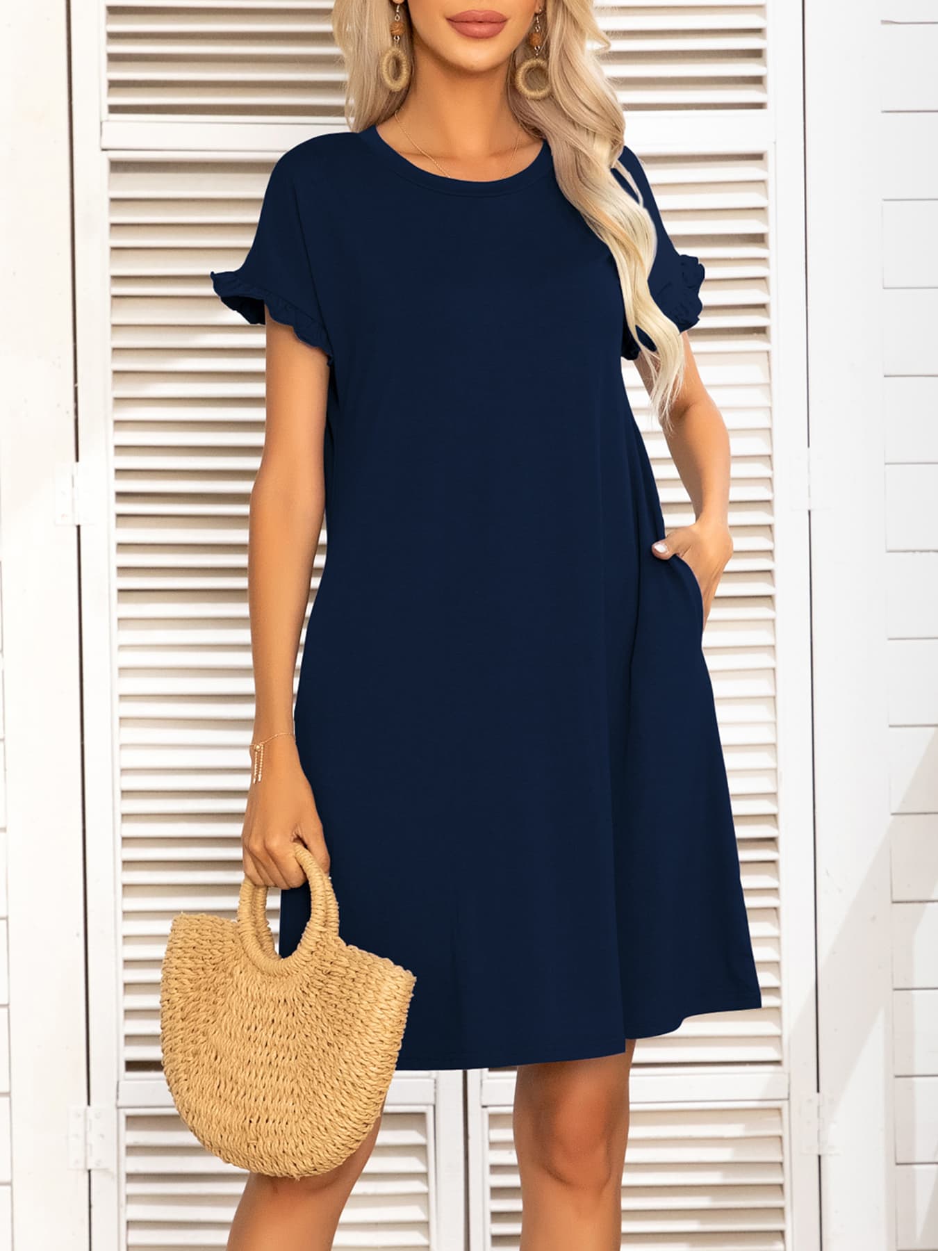 Round Neck Flounce Sleeve Dress with Pockets – Trendsi | ClozArt