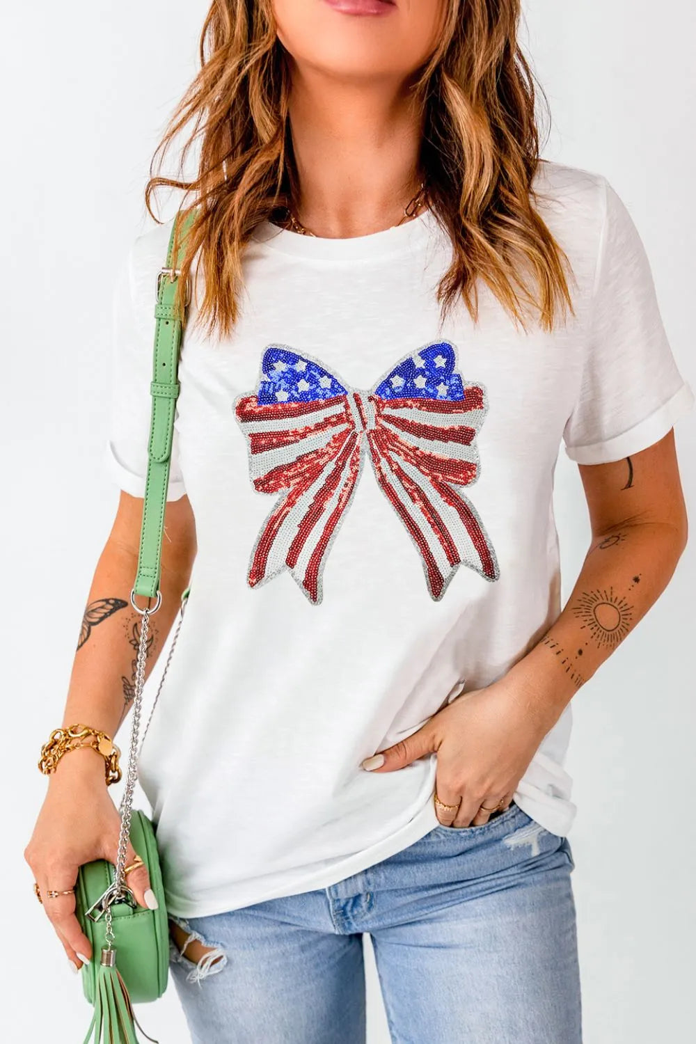USA Flag Bow Knot Patched Crew Neck T Shirt – Trendsi | ClozArt