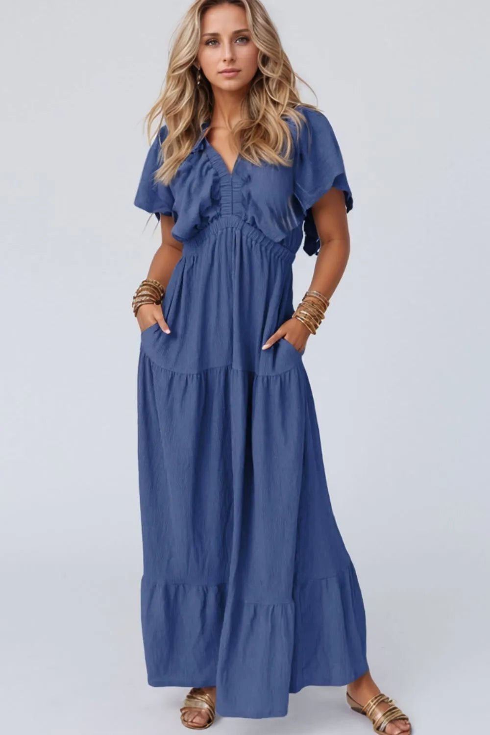 Ruffled V-Neck Short Sleeve Maxi Dress – Trendsi | ClozArt