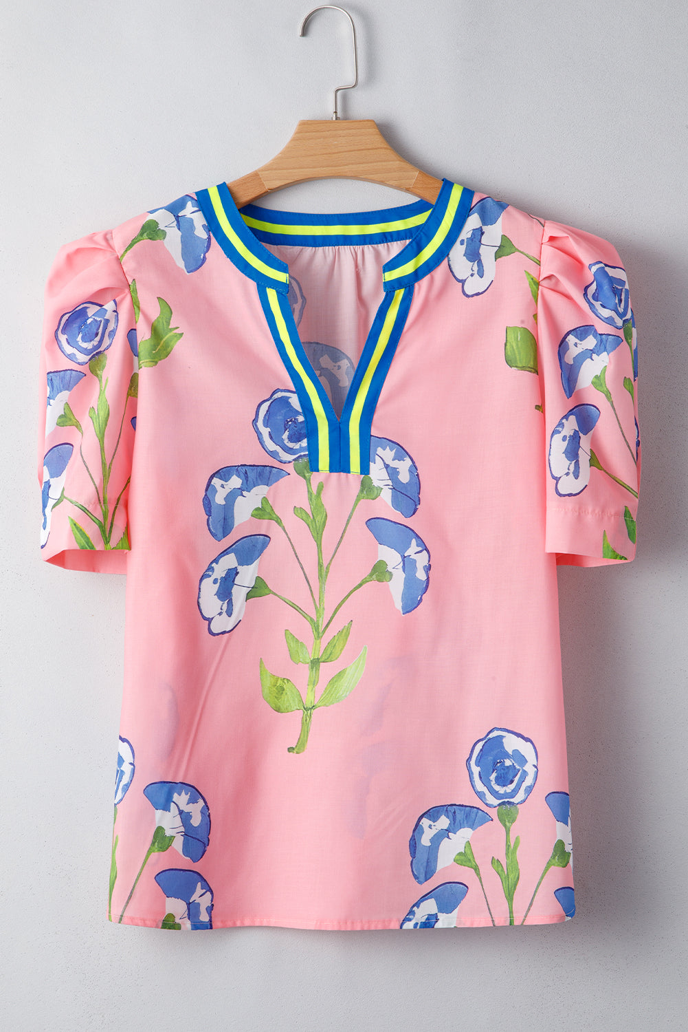 Pink Puff Sleeve Floral Pop of Color Neckline Blouse – Shewin | ClozArt