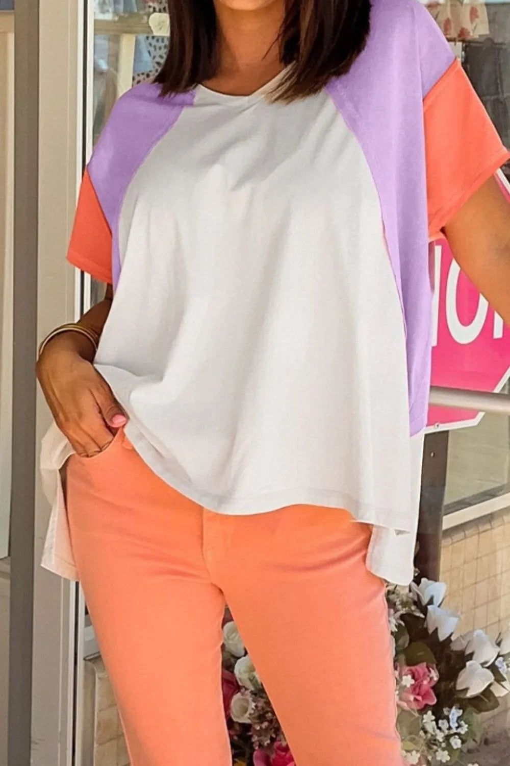 Color Block Patchwork V Neck Exposed Seam High Low T Shirt – Trendsi | ClozArt