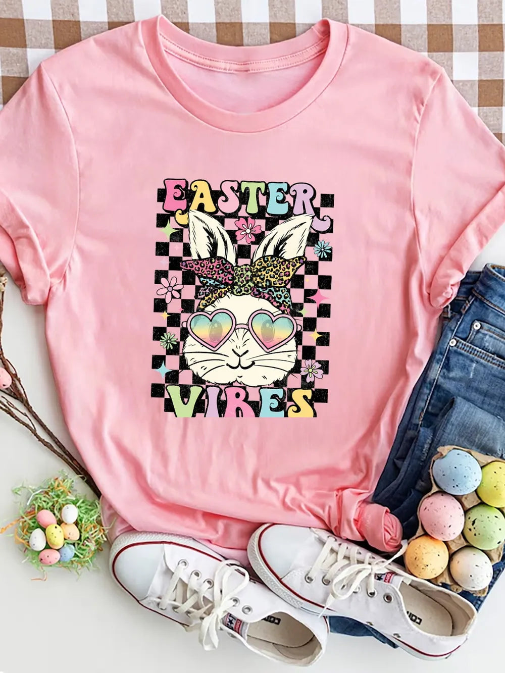EASTER VIBES Round Neck Short Sleeve T-Shirt – Trendsi | ClozArt