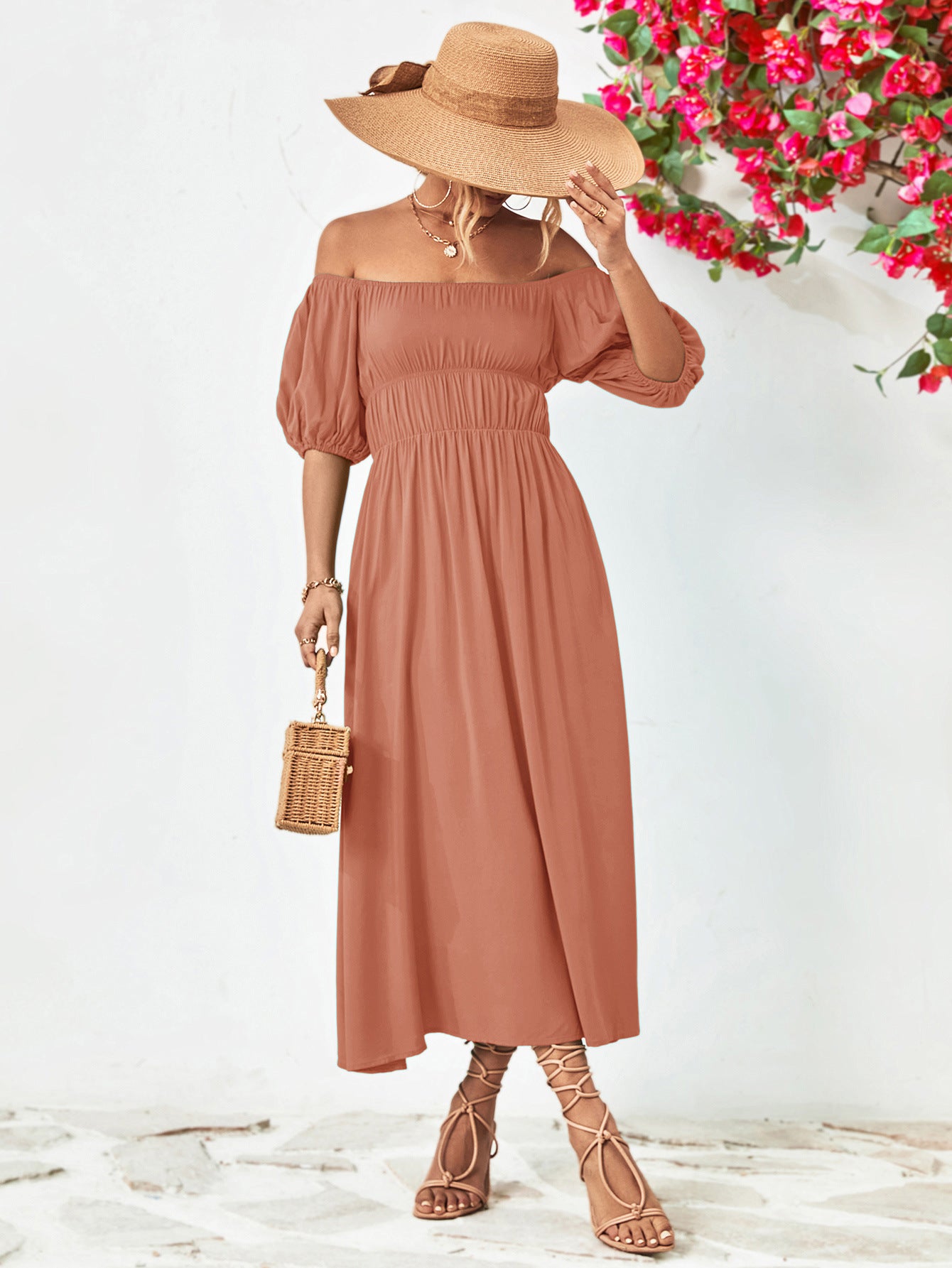 Off-Shoulder Balloon Sleeve Midi Dress – Trendsi | ClozArt