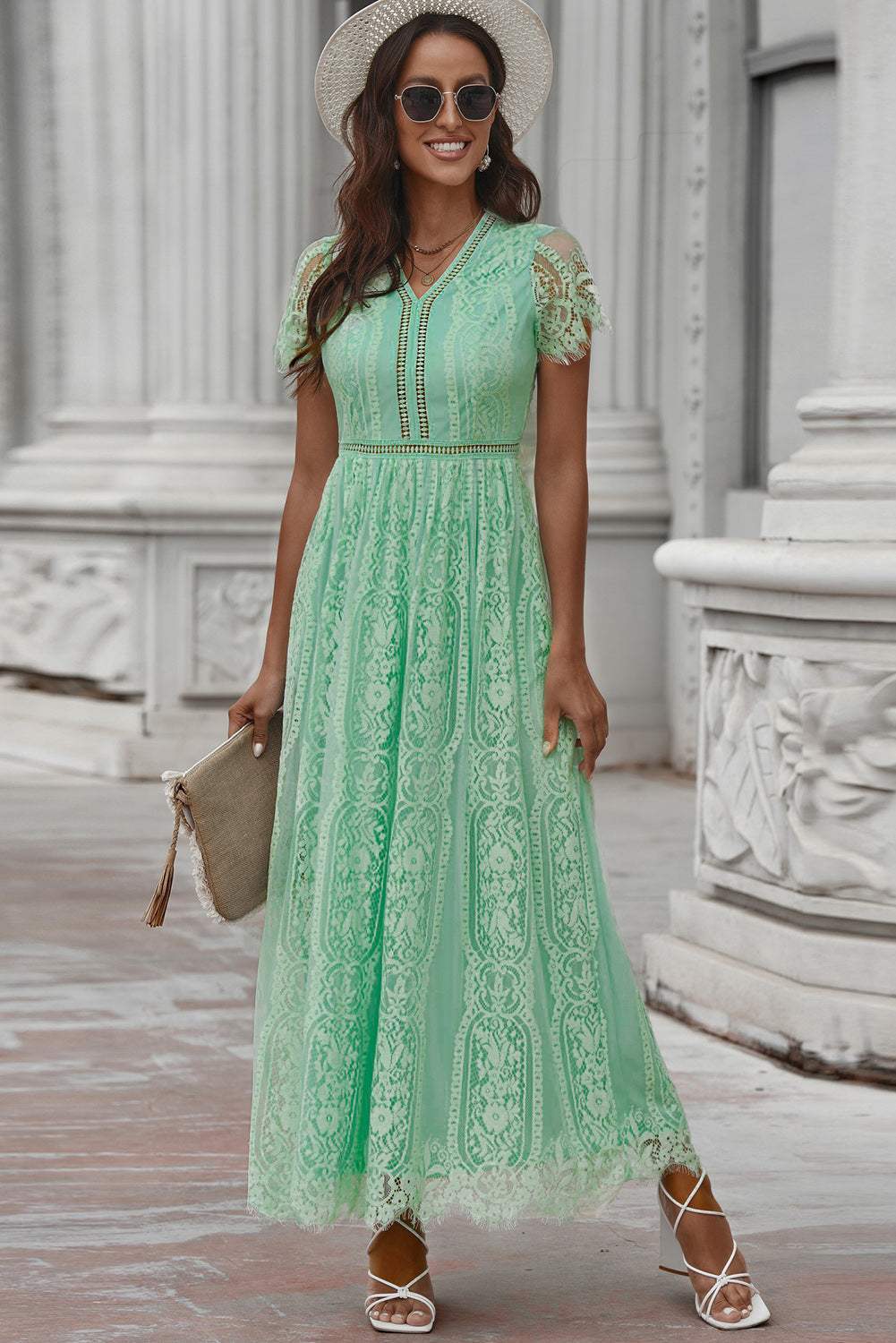 Scalloped Trim Lace Plunge Dress – Trendsi | ClozArt