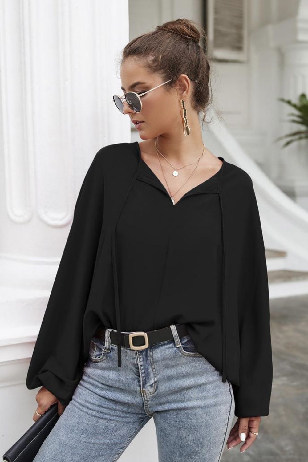 Tie Neck Balloon Sleeve Blouse – Trendsi | ClozArt