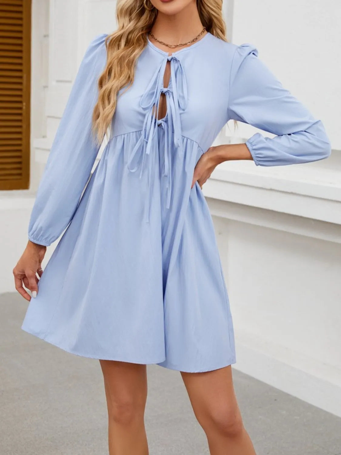 Tie Front Long Sleeve Mini Dress – Trendsi | ClozArt